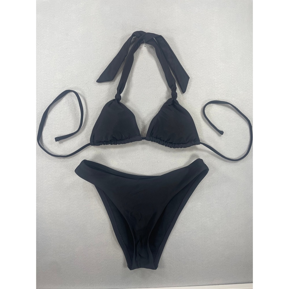 Shade & Shore Womens Black Triangle Bikini Set Halter Top High Leg Bottom Size S